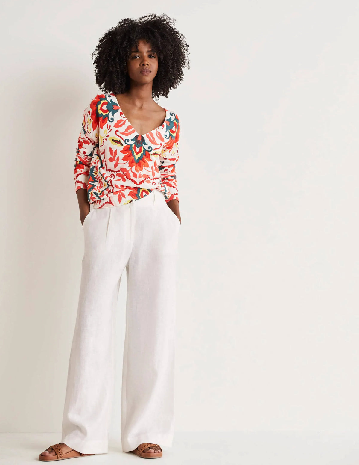 Relaxed Printed V-neck Sweater-Multi, Moroccan Bloom