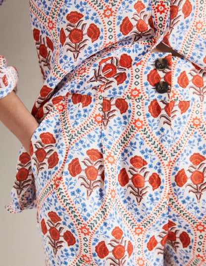 Pleated Turn Up Linen Pants-Ivory, Poppy Bloom