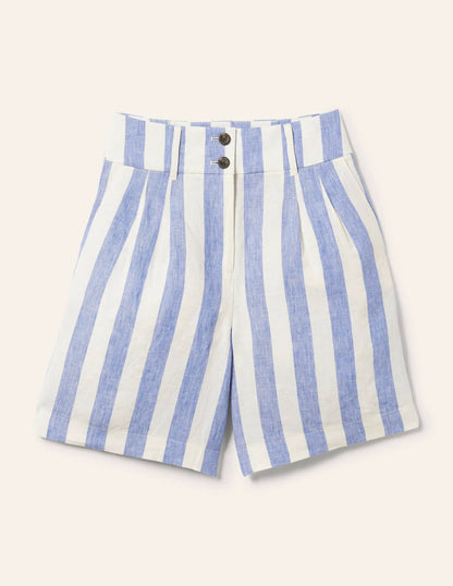 Linen Pleat Shorts-Bluebell and Ivory Stripe