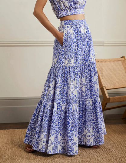 Lorna Tiered Maxi Skirt-Ivory, Bluebell Passion Bloom