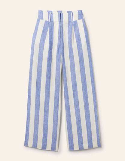 Wide Leg Linen Pants-Bluebell and Ivory Stripe