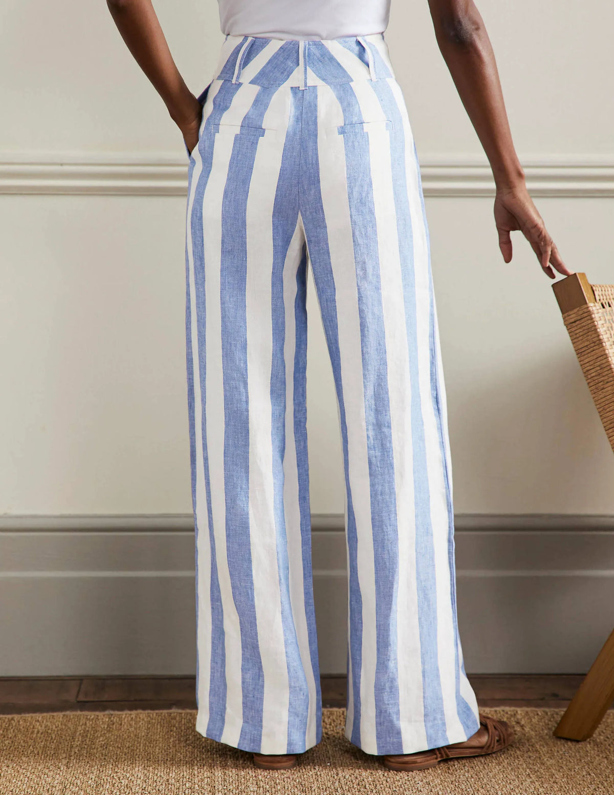 Wide Leg Linen Pants-Bluebell and Ivory Stripe