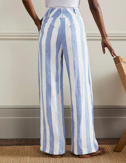 Wide Leg Linen Pants-Bluebell and Ivory Stripe