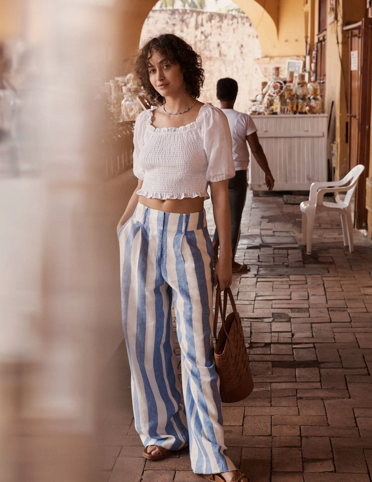 Wide Leg Linen Pants-Bluebell and Ivory Stripe