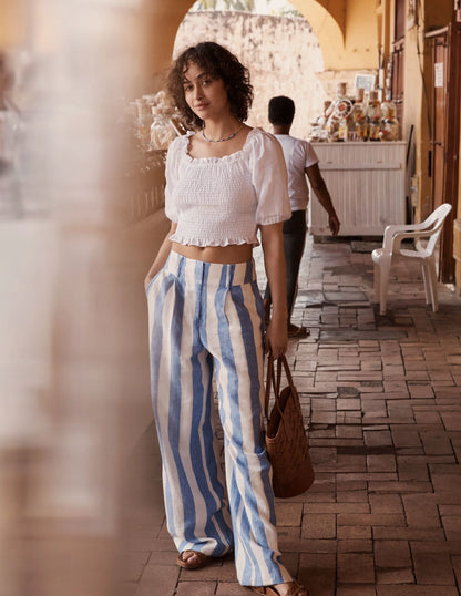 Wide Leg Linen Pants-Bluebell and Ivory Stripe