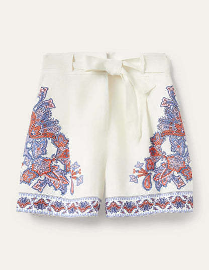 Alma Tie Waist Linen Shorts-Ivory, Paisley Bud