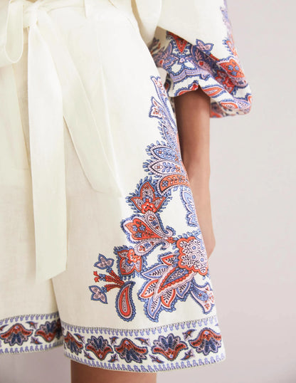 Alma Tie Waist Linen Shorts-Ivory, Paisley Bud