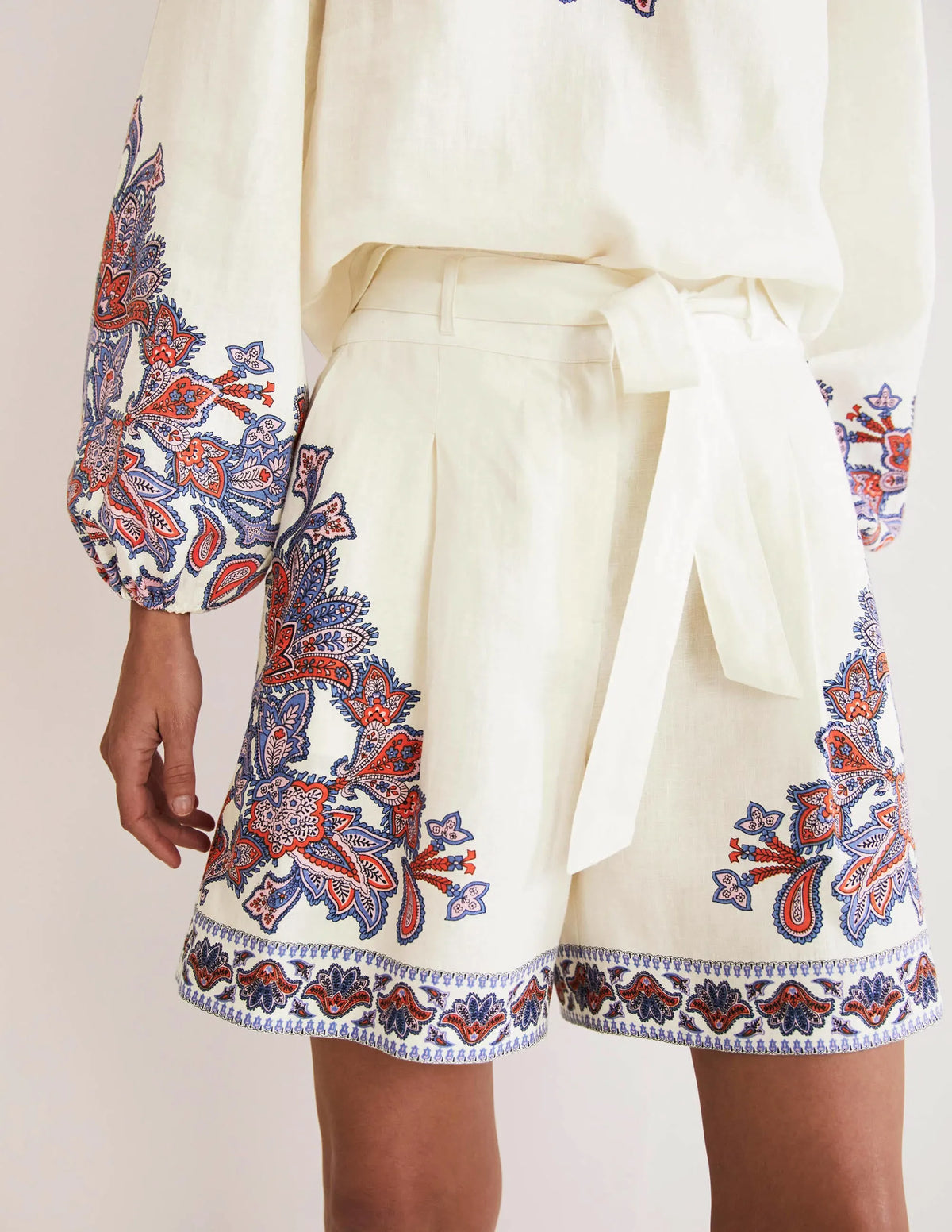 Alma Tie Waist Linen Shorts-Ivory, Paisley Bud