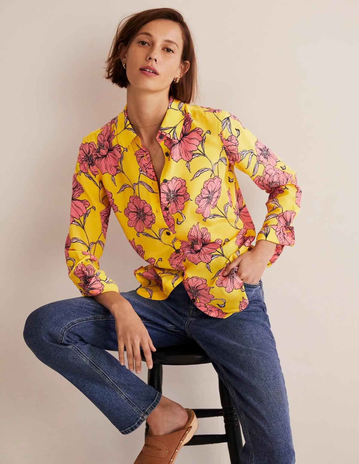 Silk Shirt-Lemon Fizz, Peony Bloom