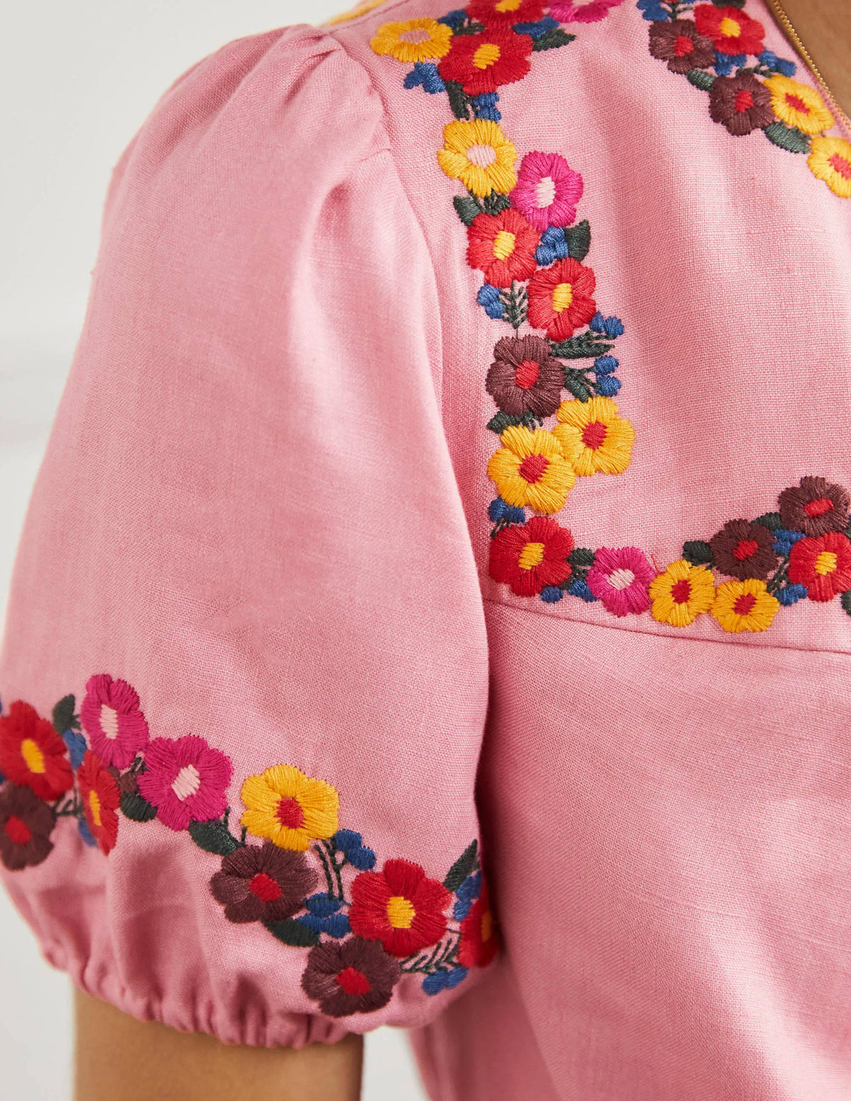 Embroidered Linen Top-Pink