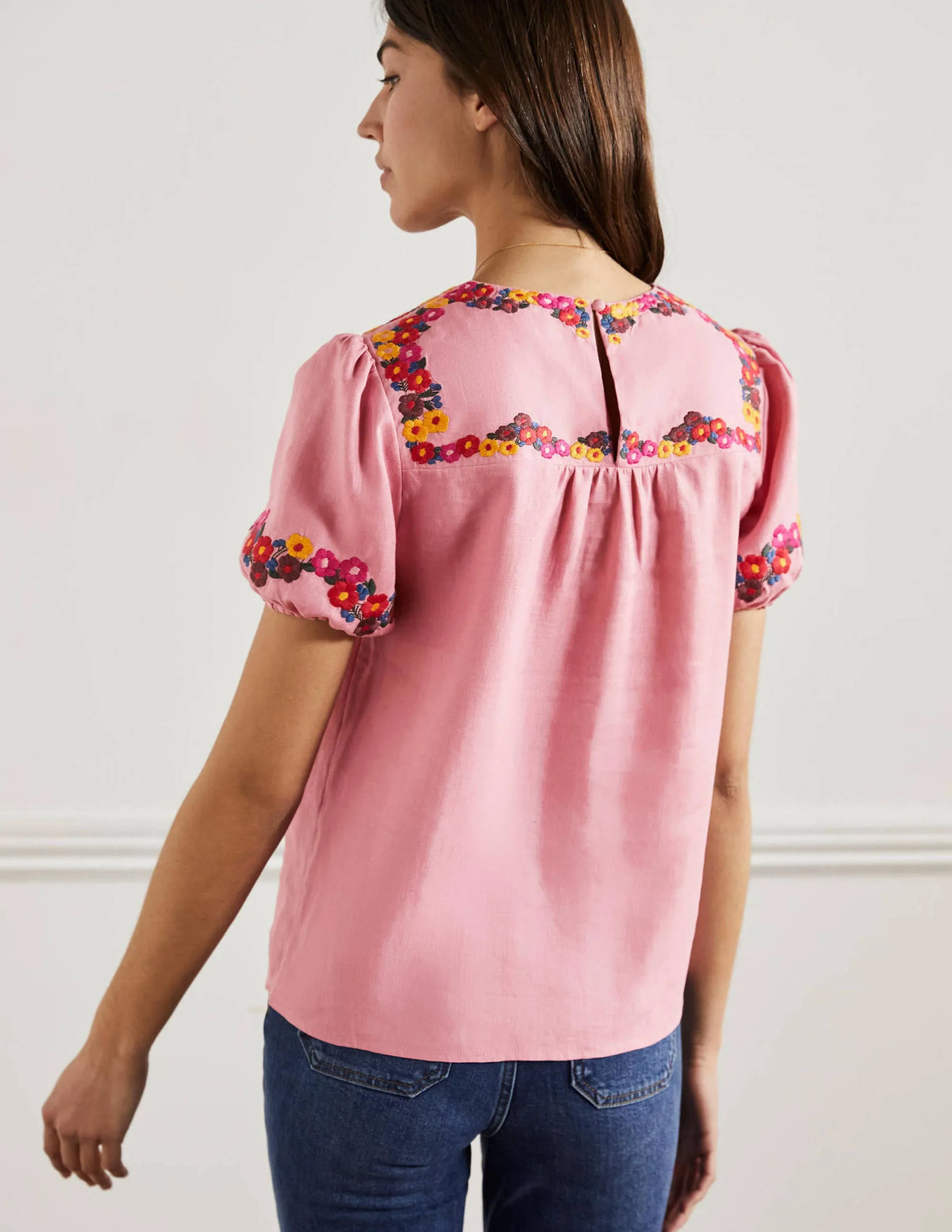 Embroidered Linen Top-Pink