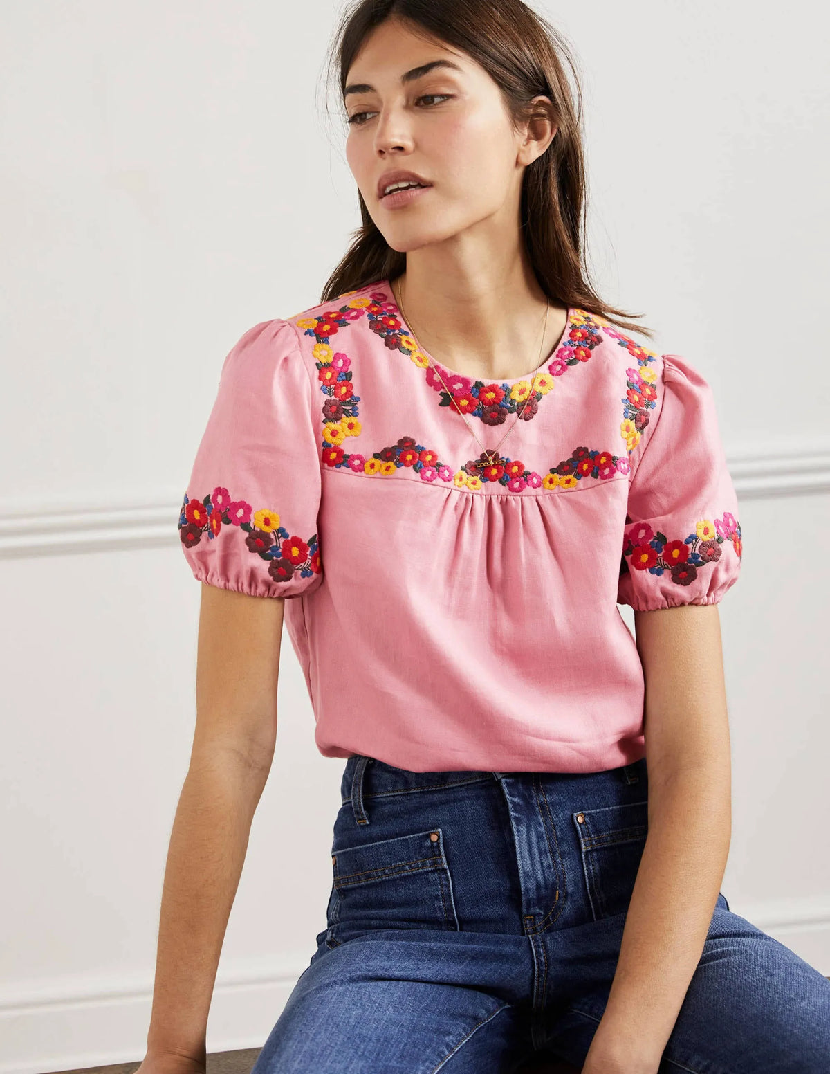 Embroidered Linen Top-Pink