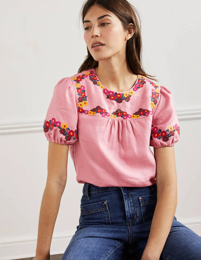 Embroidered Linen Top-Pink