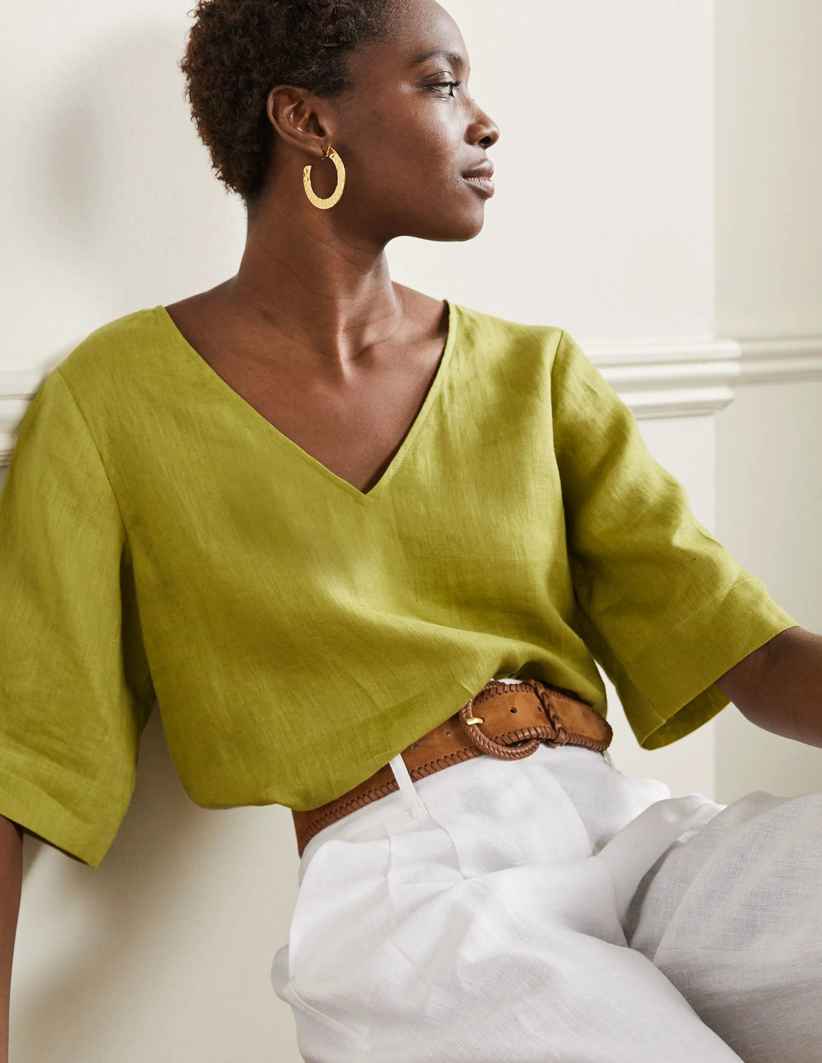 Linen Wide Sleeve Top-Starfruit Green