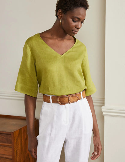 Linen Wide Sleeve Top-Starfruit Green