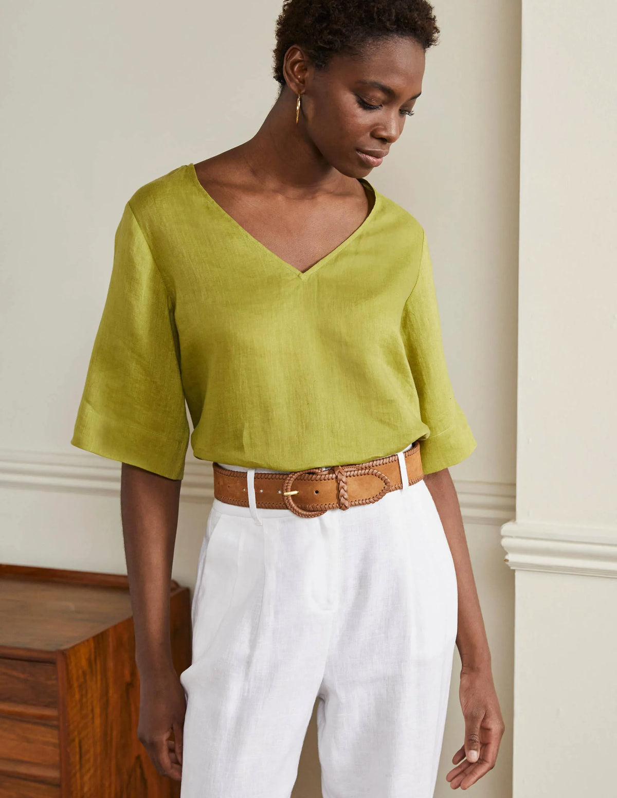 Linen Wide Sleeve Top-Starfruit Green