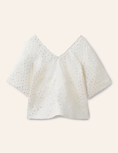 Linen Wide Sleeve Top-Ivory, Gold Pin Dot