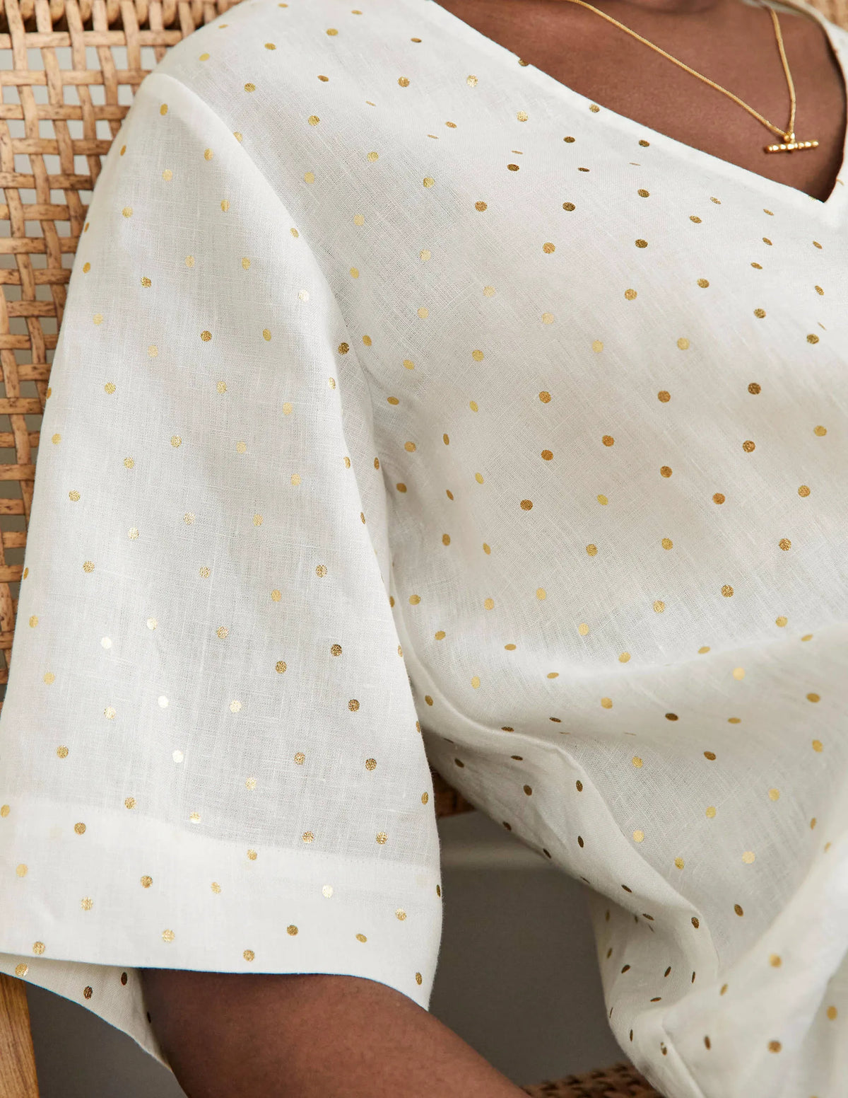 Linen Wide Sleeve Top-Ivory, Gold Pin Dot