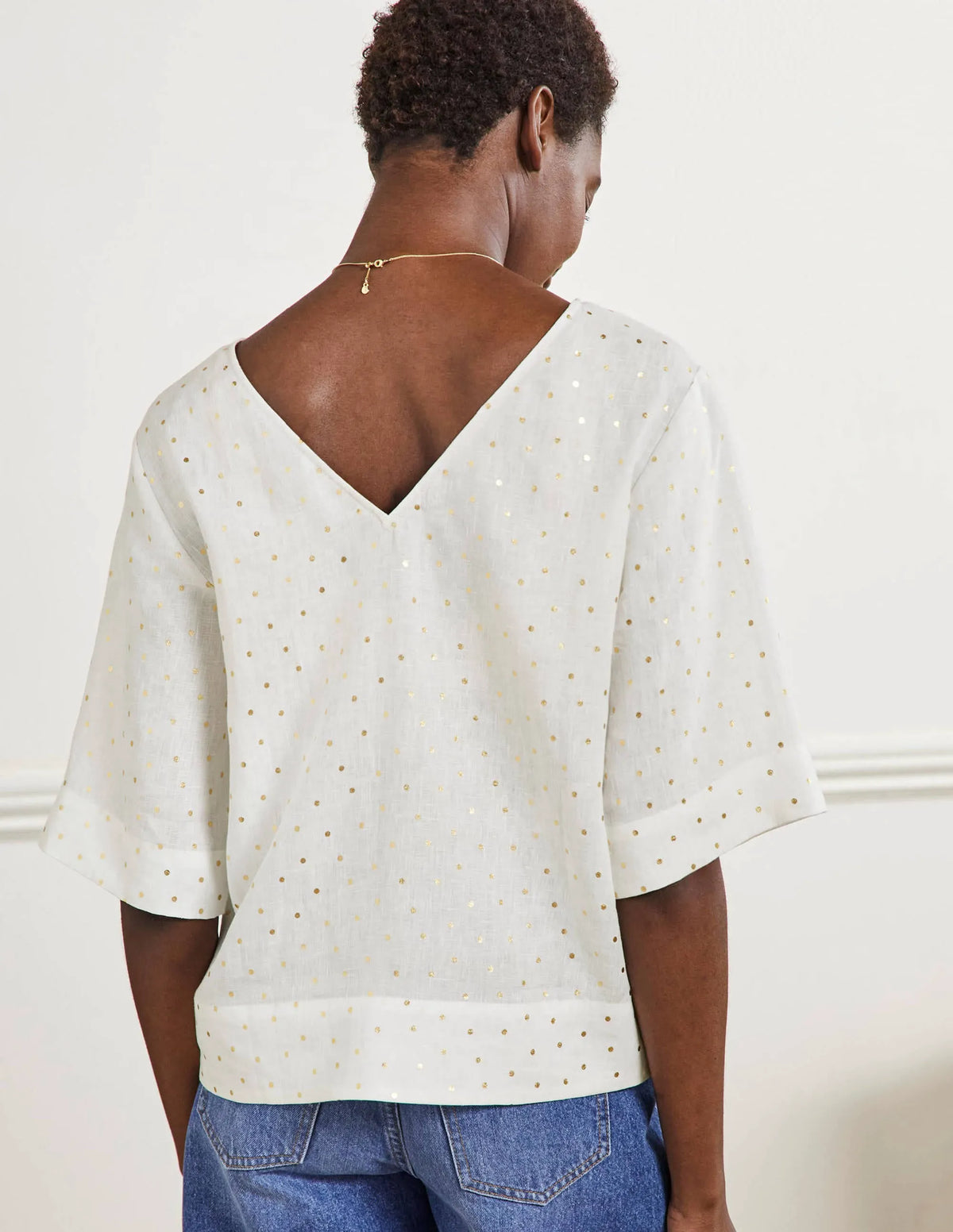 Linen Wide Sleeve Top-Ivory, Gold Pin Dot