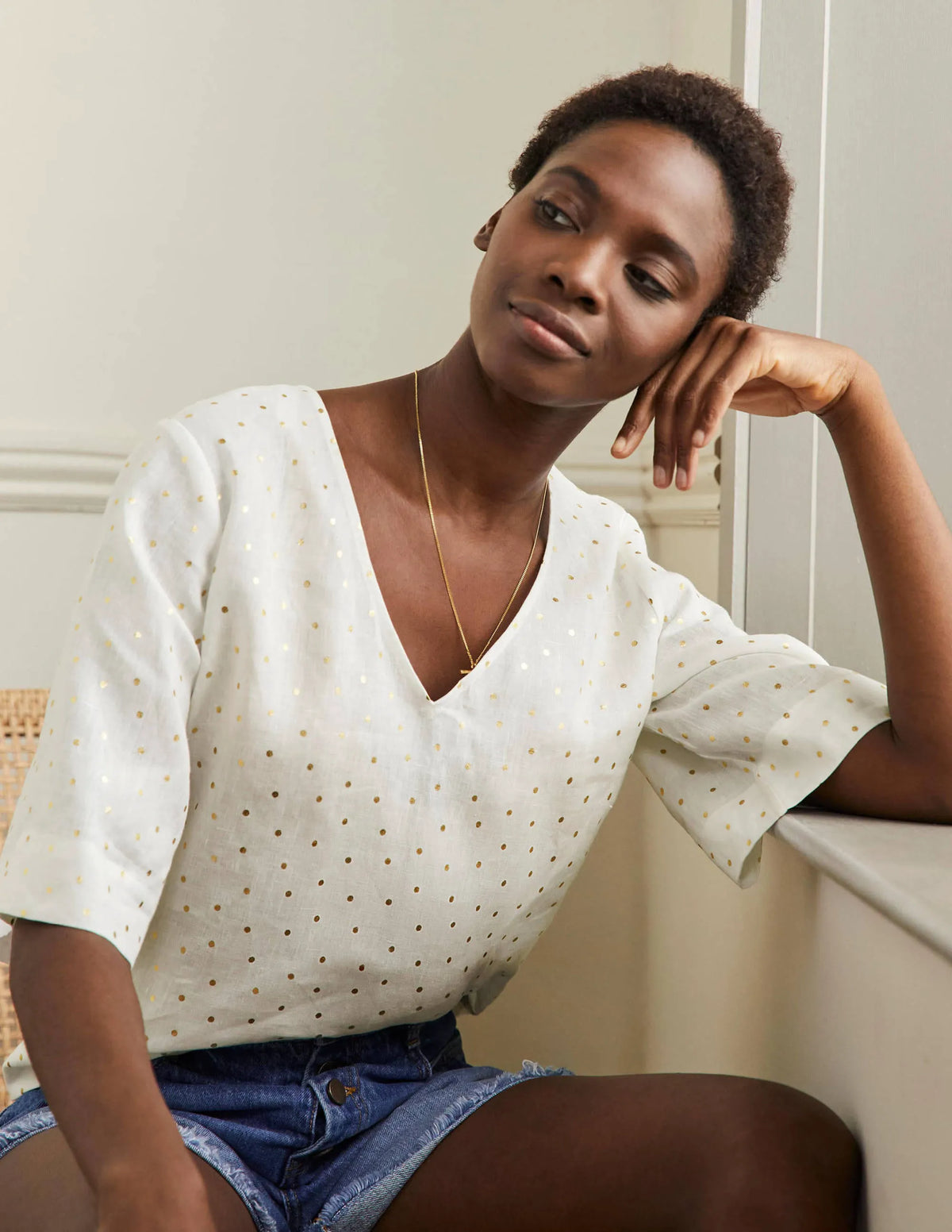 Linen Wide Sleeve Top-Ivory, Gold Pin Dot