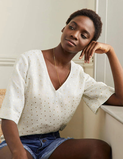 Linen Wide Sleeve Top-Ivory, Gold Pin Dot