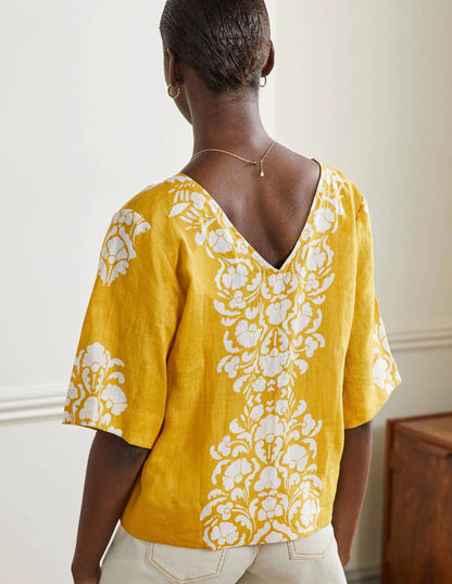 Linen Wide Sleeve Top-Butter Yellow, Passion Bloom