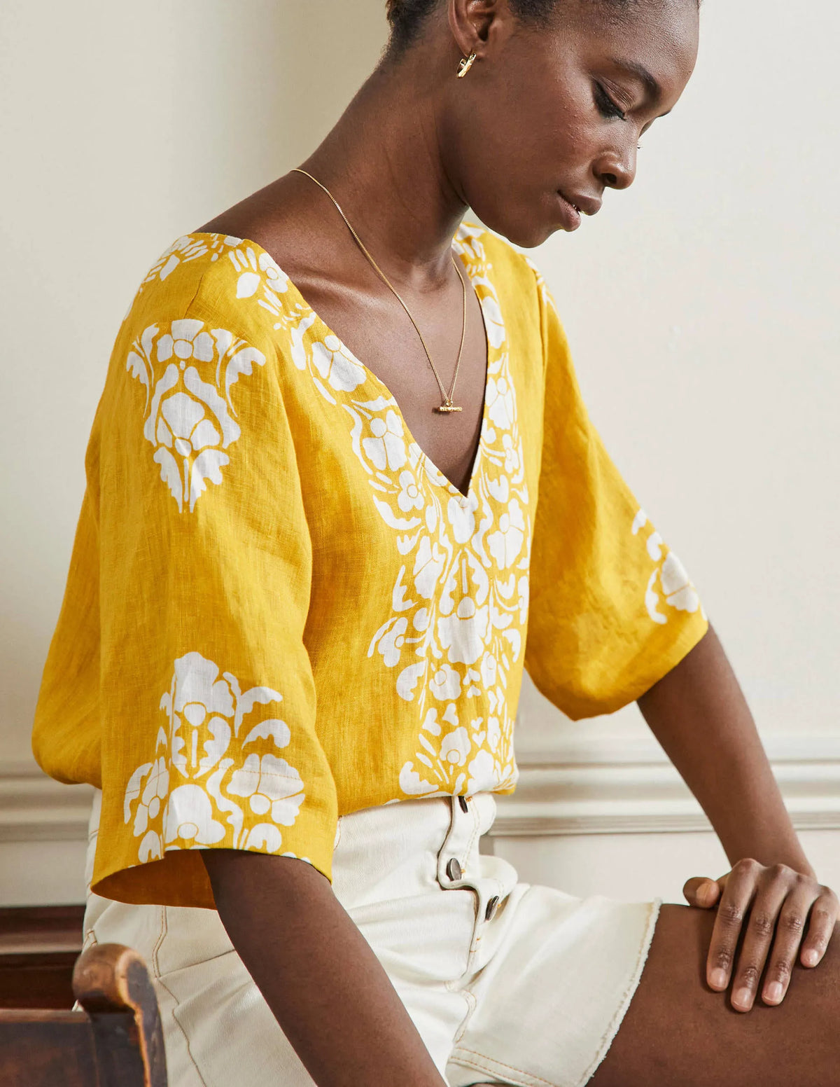Linen Wide Sleeve Top-Butter Yellow, Passion Bloom