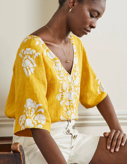 Linen Wide Sleeve Top-Butter Yellow, Passion Bloom