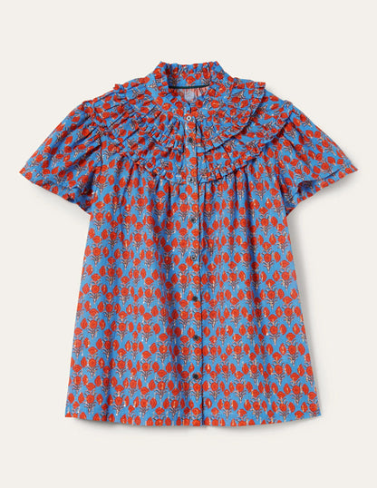 Metallic Ruched Detail Blouse-Mosaic Blue, Poppy Geo