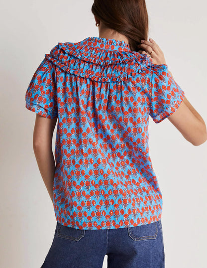 Metallic Ruched Detail Blouse-Mosaic Blue, Poppy Geo