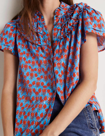 Metallic Ruched Detail Blouse-Mosaic Blue, Poppy Geo