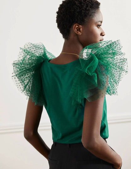 Tulle Shoulder Jersey Top-Deep Forest