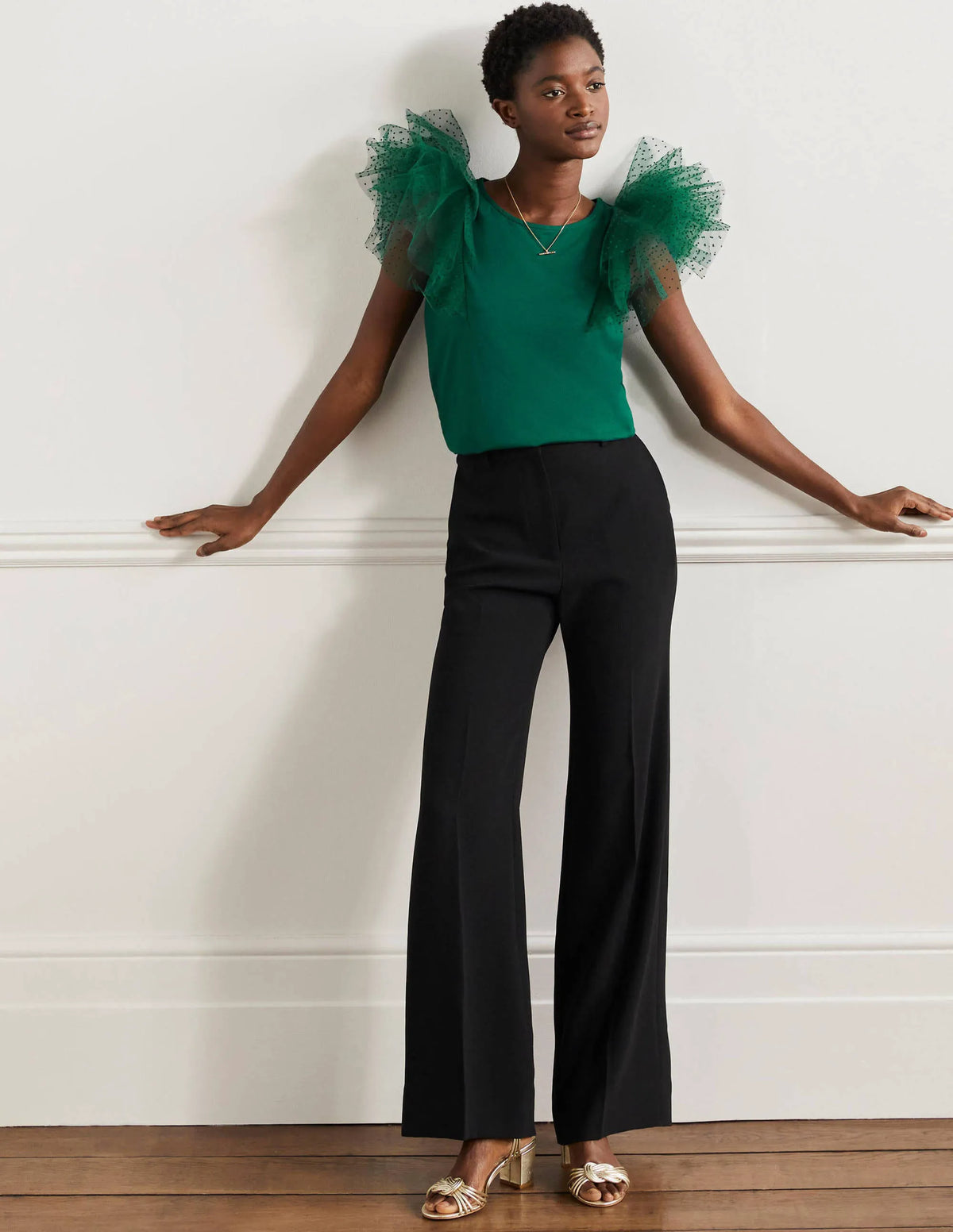Tulle Shoulder Jersey Top-Deep Forest