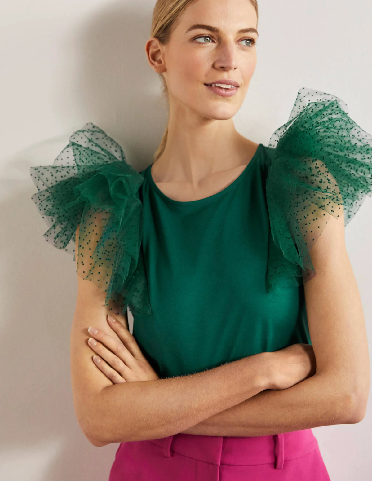 Tulle Shoulder Jersey Top-Deep Forest
