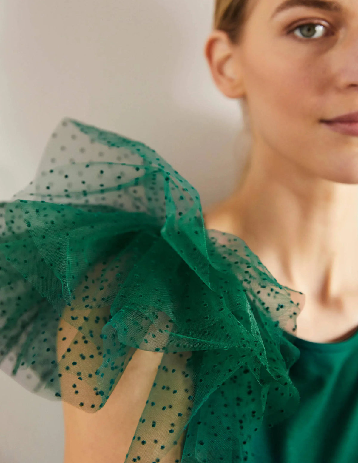 Tulle Shoulder Jersey Top-Deep Forest