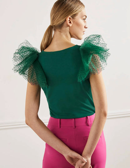 Tulle Shoulder Jersey Top-Deep Forest