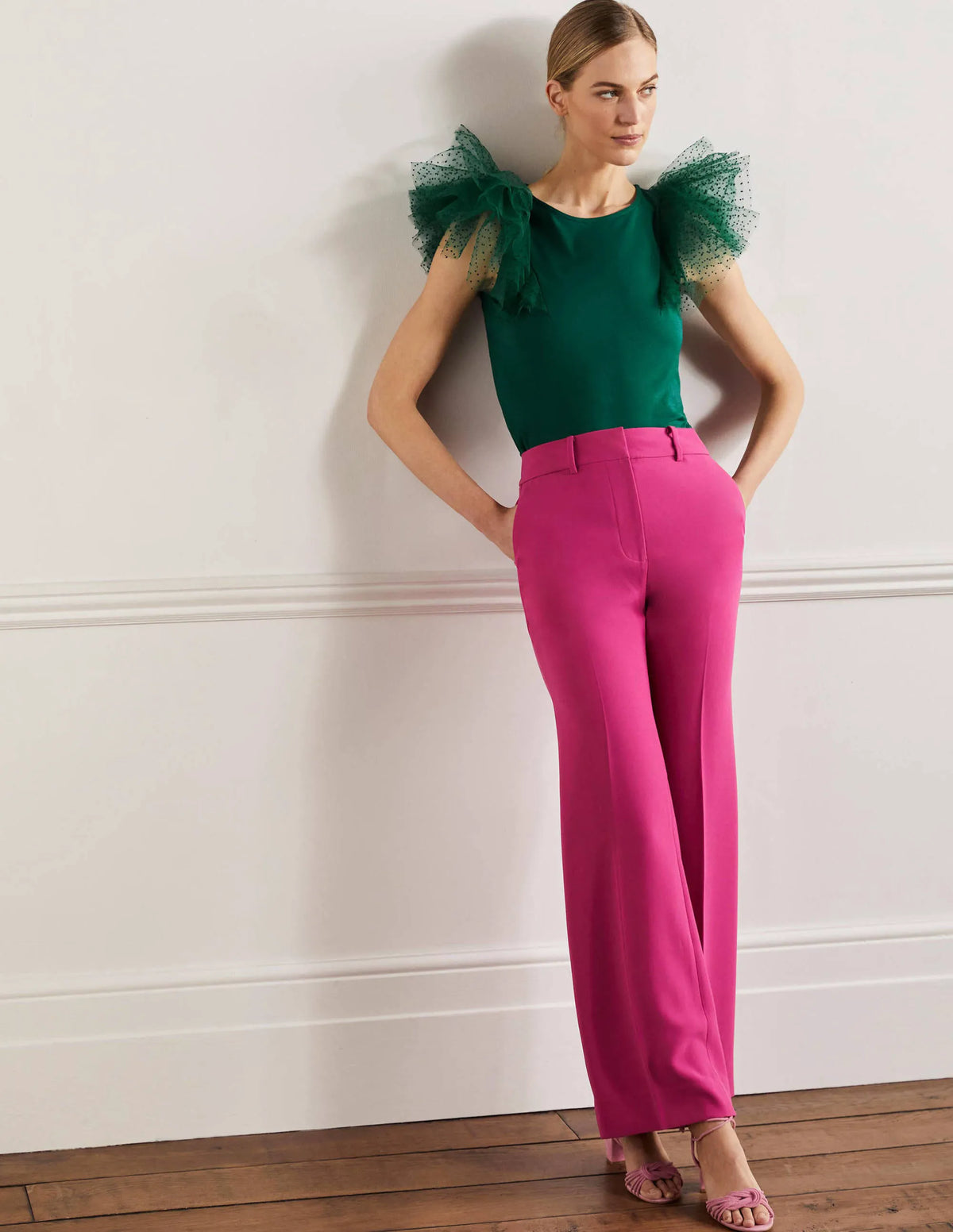 Tulle Shoulder Jersey Top-Deep Forest