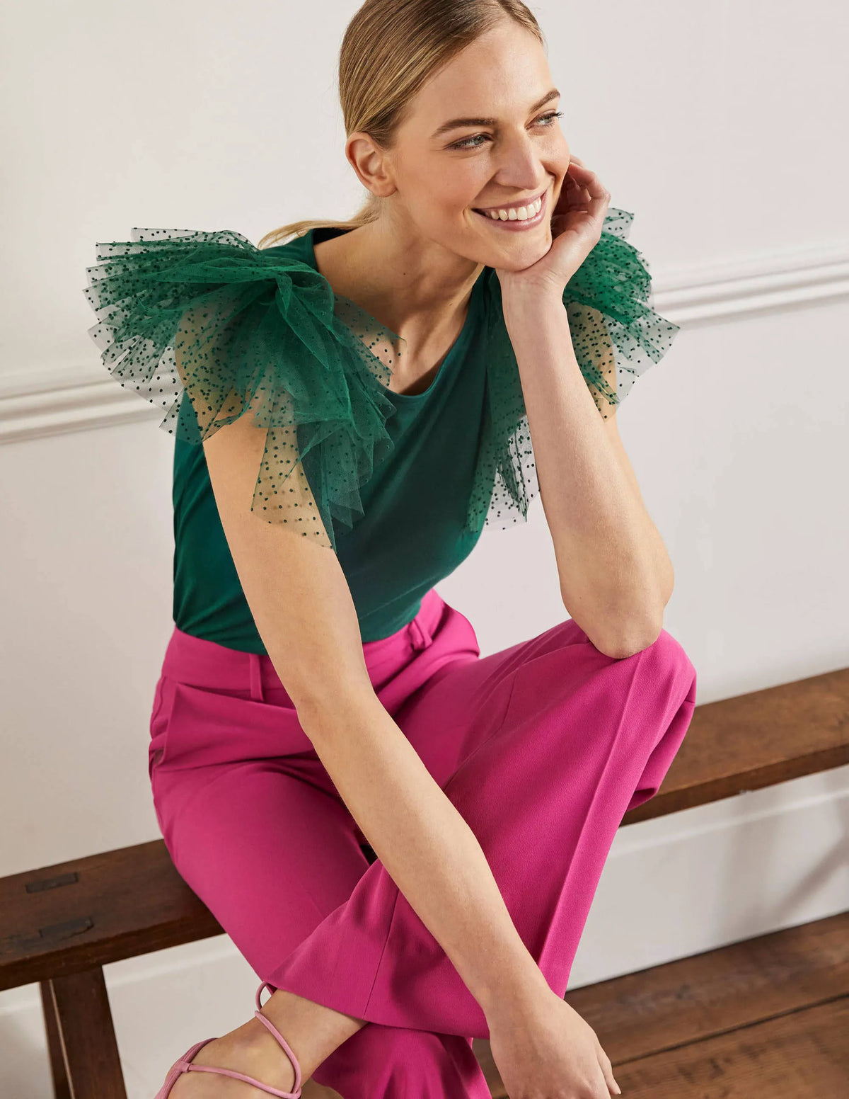 Tulle Shoulder Jersey Top-Deep Forest