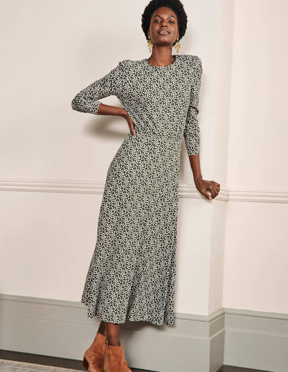 Puff Sleeve Jersey Midi Dress-Marsh, Scatter Spot