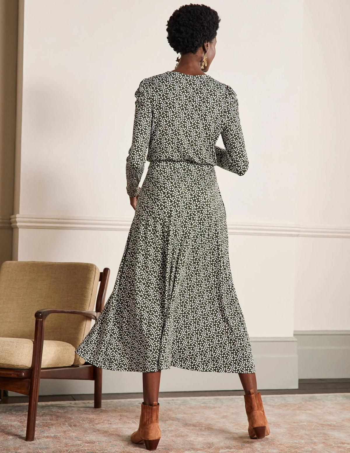 Puff Sleeve Jersey Midi Dress-Marsh, Scatter Spot