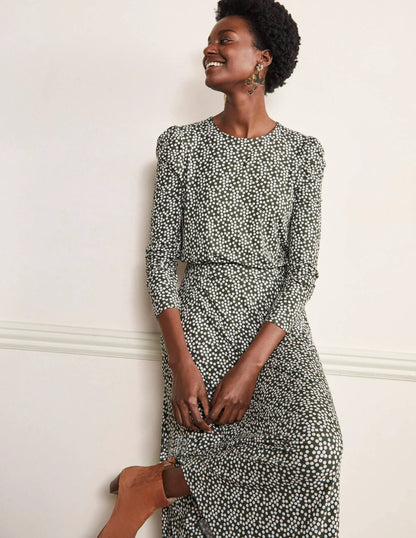 Puff Sleeve Jersey Midi Dress-Marsh, Scatter Spot