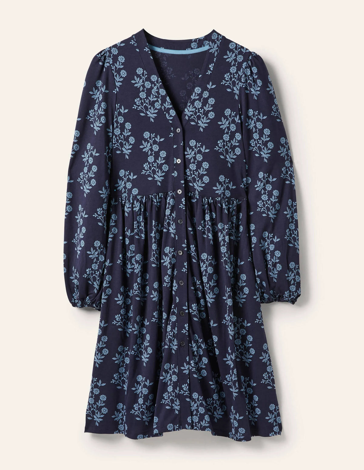 Button Through Jersey Dress-French Navy, Leafy Cluster