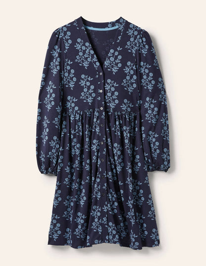 Button Through Jersey Dress-French Navy, Leafy Cluster