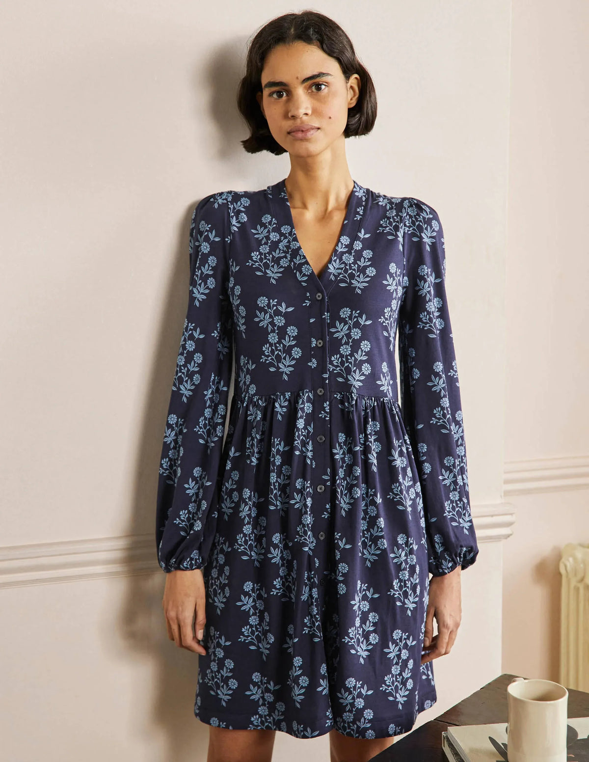 Button Through Jersey Dress-French Navy, Leafy Cluster