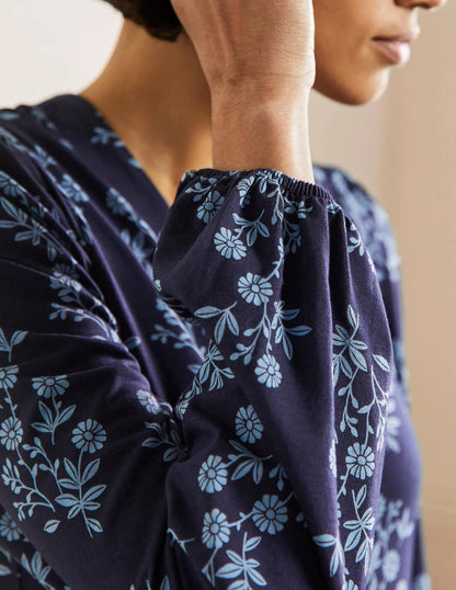 Button Through Jersey Dress-French Navy, Leafy Cluster