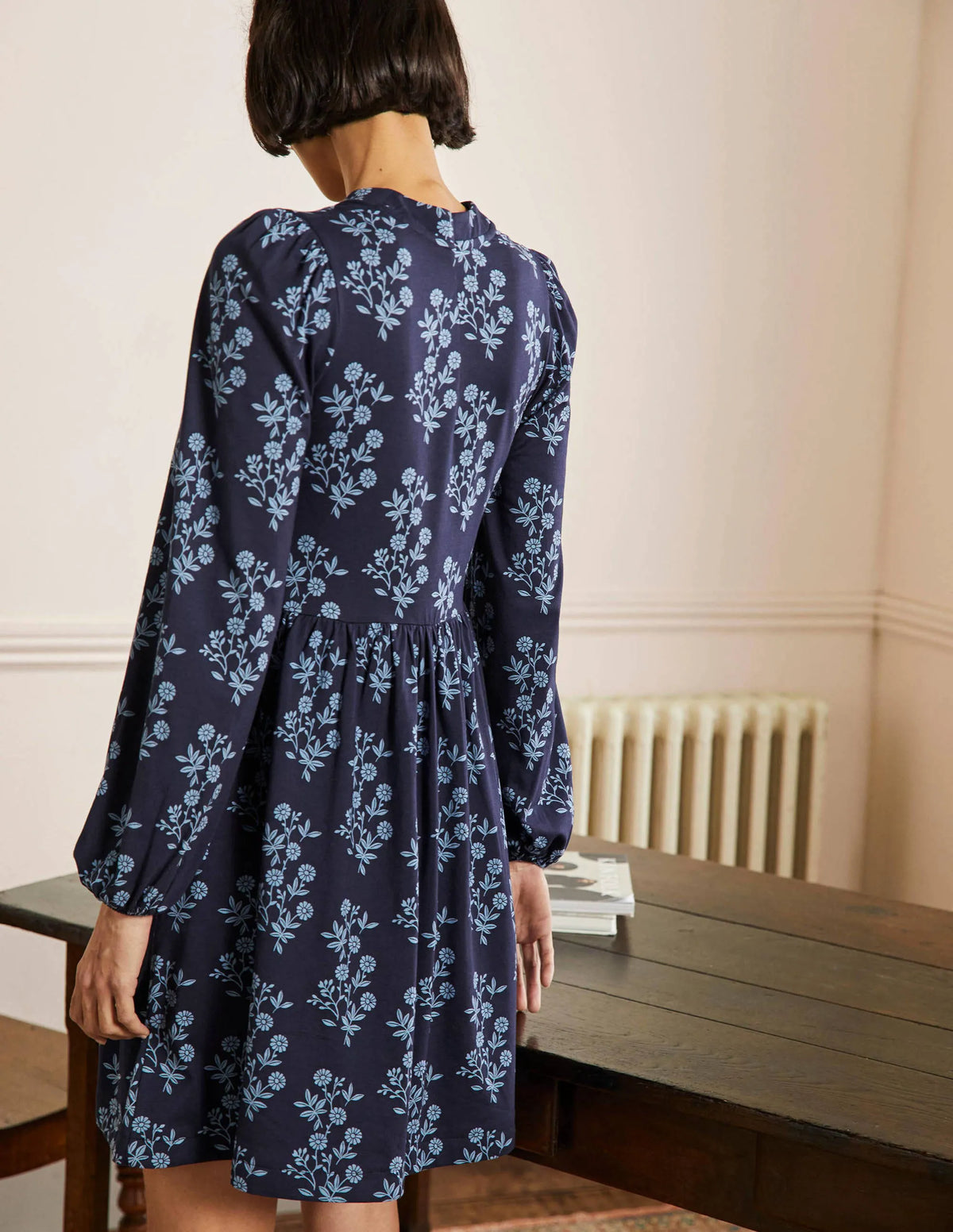 Button Through Jersey Dress-French Navy, Leafy Cluster