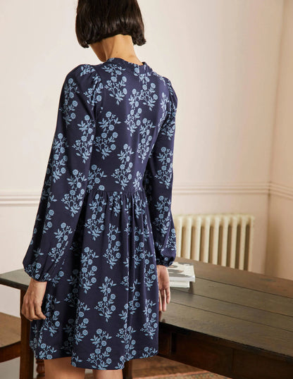 Button Through Jersey Dress-French Navy, Leafy Cluster