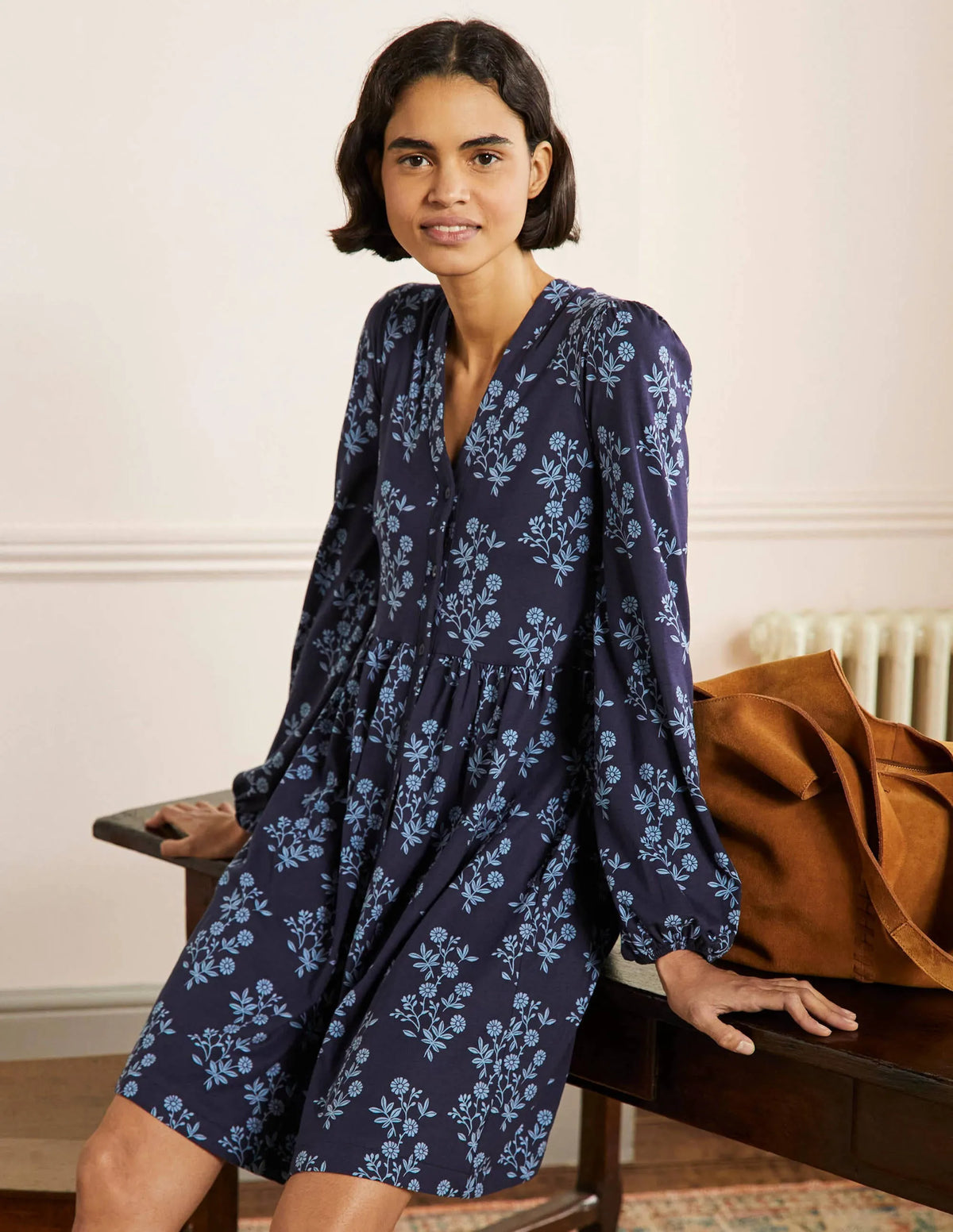 Button Through Jersey Dress-French Navy, Leafy Cluster