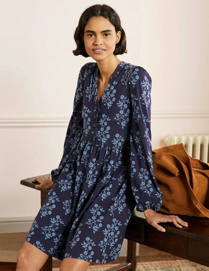 Button Through Jersey Dress-French Navy, Leafy Cluster