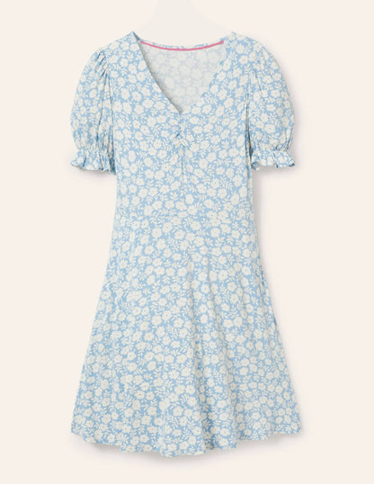 V-Neck Jersey Dress-Dusty Blue, Ditsy Prairie